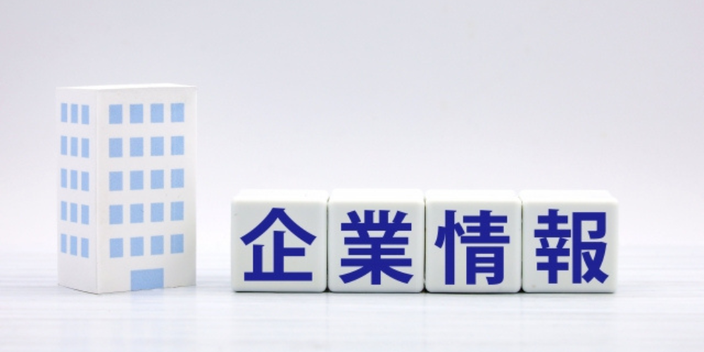 白い建物のミニチュアと「企業情報」と書かれたキューブが並んでいる。