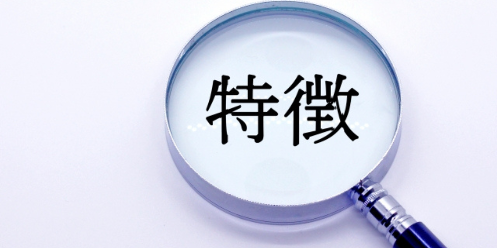 虫眼鏡で「特徴」という文字が拡大されているイメージ。