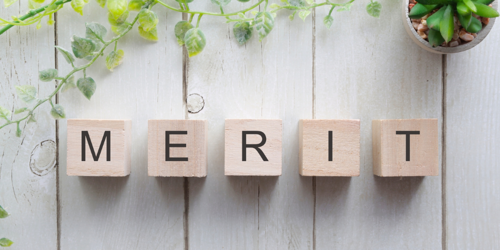 MERITと書かれた木製ブロックが並び、緑の植物があしらわれている画像