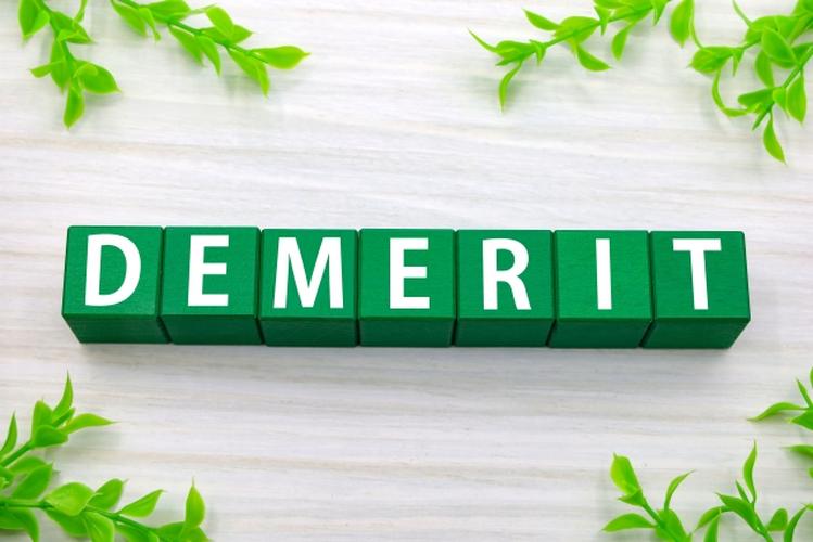 「白い背景に並んだ『DEMERIT』と書かれた緑のブロックと、周囲を囲む観葉植物の葉」