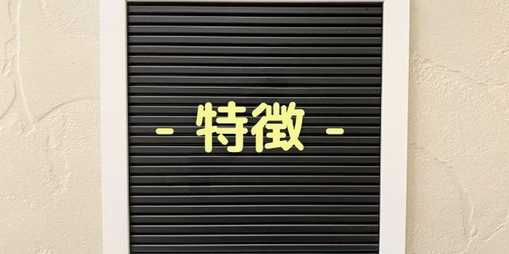 黒地に黄色の「特徴」という文字が中央に表示されたボード