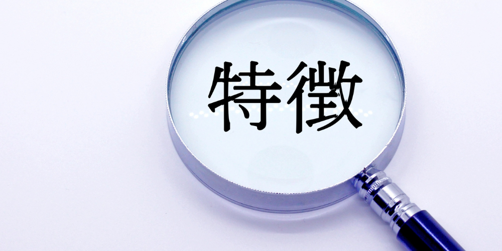 拡大鏡の中に「特徴」と書かれた文字が映し出されている画像