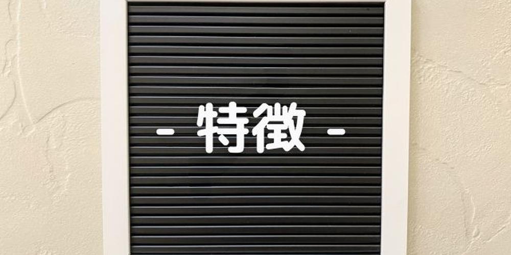 ベージュの壁に掛けられた黒いボード、「- 特徴 -」と中央に白文字で書かれているイメージ