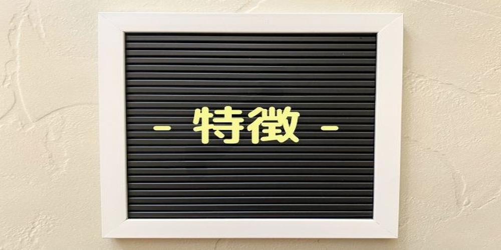 黒いボードに「特徴」と書かれたサインボード。白い枠に囲まれたシンプルなデザイン。