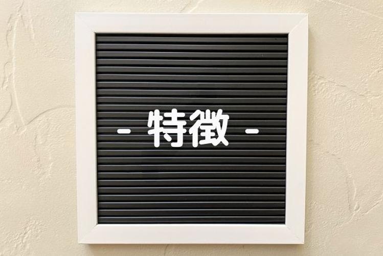 ベージュの壁に掛けられた黒いボードに白いフレーム、『- 特徴 -』と白文字で書かれた印象的な案内プレート