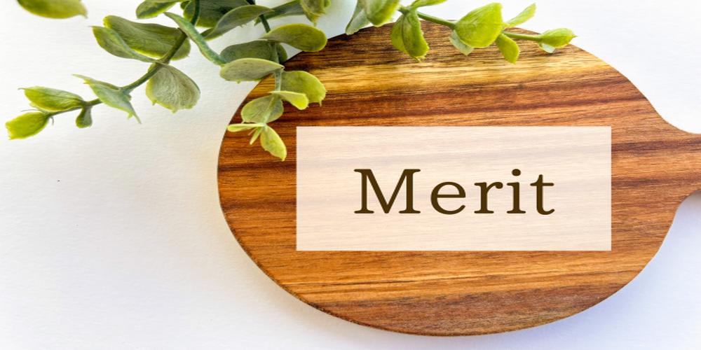木製のカッティングボードに「Merit」と書かれた札と、緑の植物が添えられたイメージ写真。