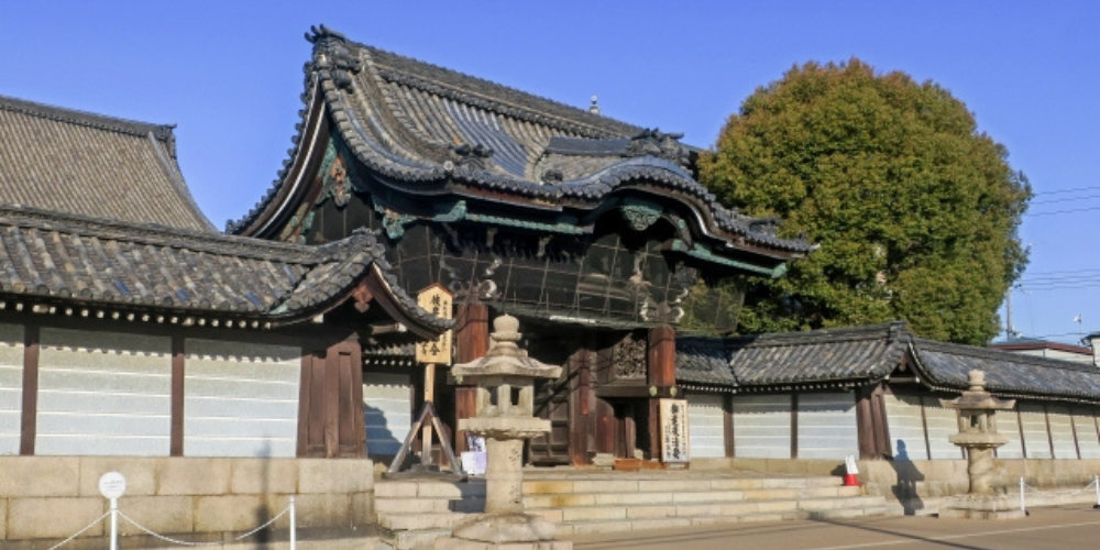 歴史ある寺院の山門と石灯篭が並ぶ風景、青空の下で整備された参道