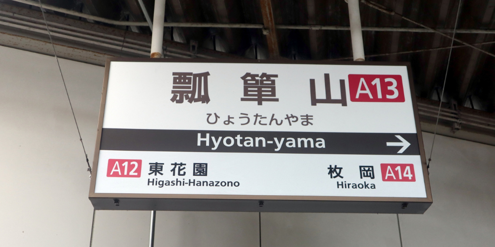 近鉄瓢箪山駅 Hyotan-yama の駅名標と隣駅案内が写る標識