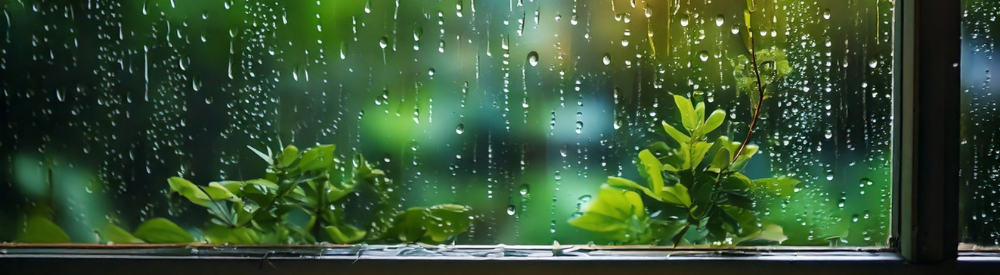 雨粒がついた窓ガラス越しに、濡れた緑の葉がぼんやりと映る情景