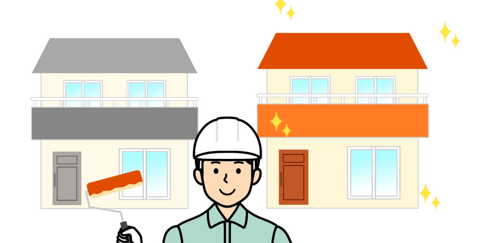 外壁塗装前後の家と職人のイラスト、左は塗装前のグレーの家、右は明るいオレンジの塗装後