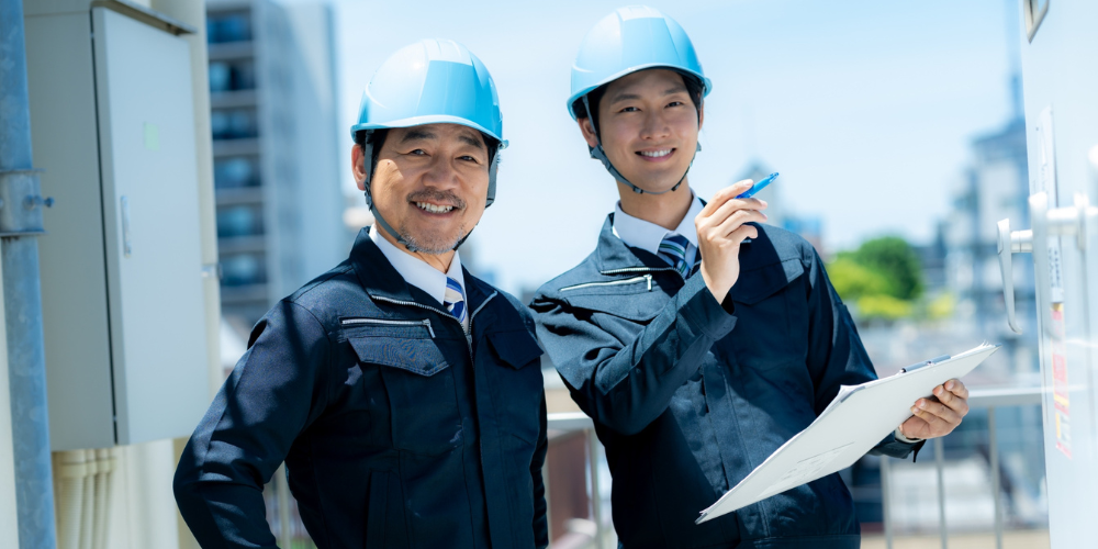 ヘルメット姿で笑顔の現場作業員2人