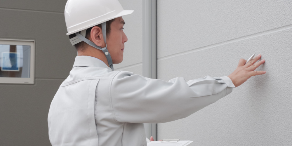 ヘルメットを着用した作業員が外壁を点検