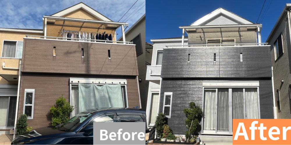 左側に施工前の淡いベージュの住宅、右側にブラック×ホワイトで塗り替えられた同じ住宅を並べ、「Before」「After」とラベルを付けたビフォーアフター写真